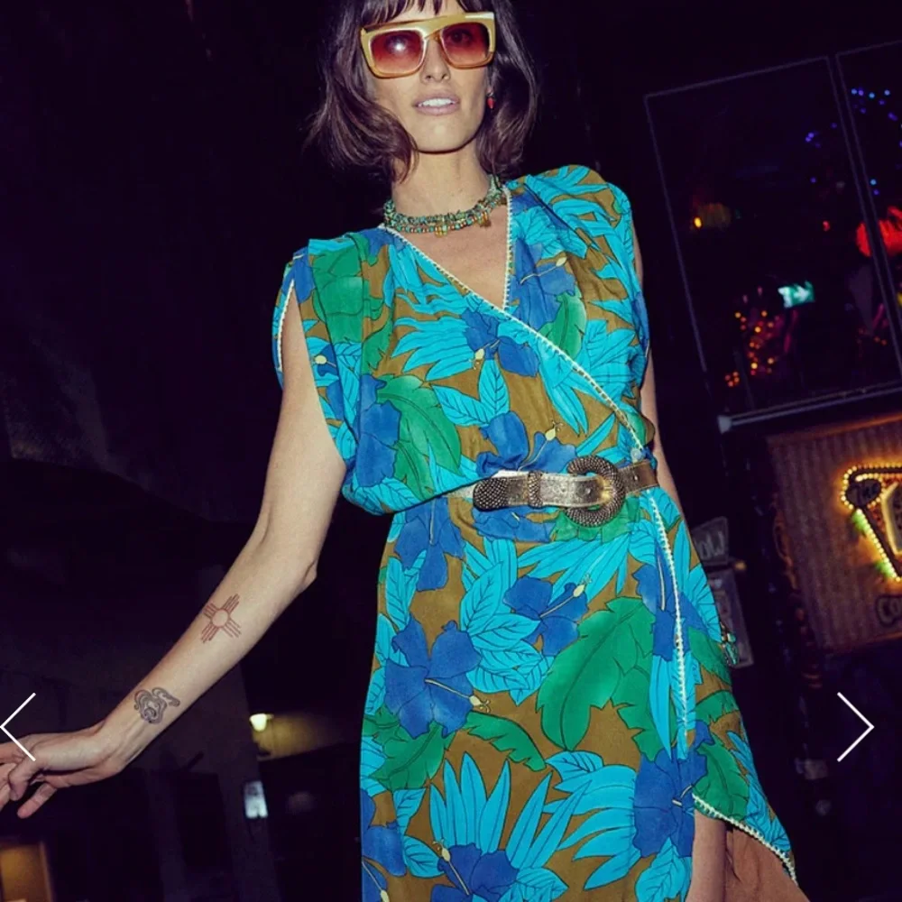 Chasing Unicorns Blue Green Floral Asymmetrical Dress with Tiger Motif